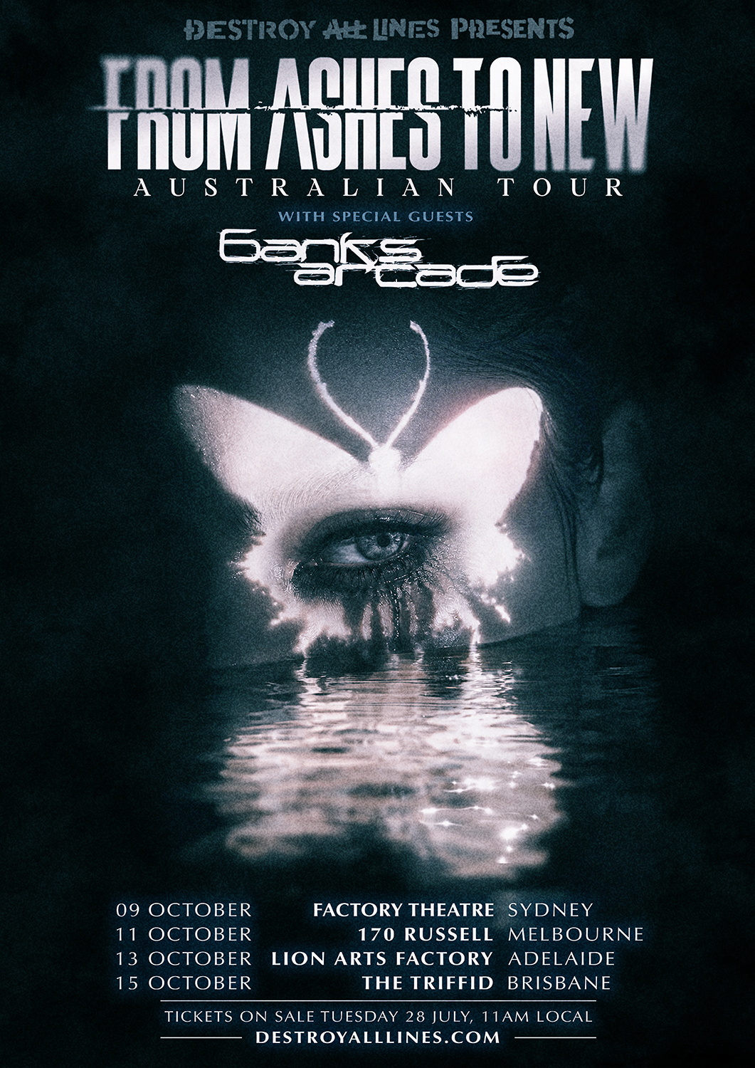 From Ashes To New Australian Tour poster featuring special guests Banks Arcade with glowing butterfly eye artwork and October show dates.